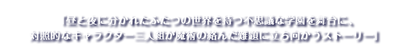 『昼と夜に分かれたふたつの世界を持つ不思議な学園を舞台に、対照的なキャラクター三人組が魔術の絡んだ難題に立ち向かうストーリー』